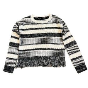 MINKPINK Sunday Frills Boho Fringed Sweater Black and White Size S